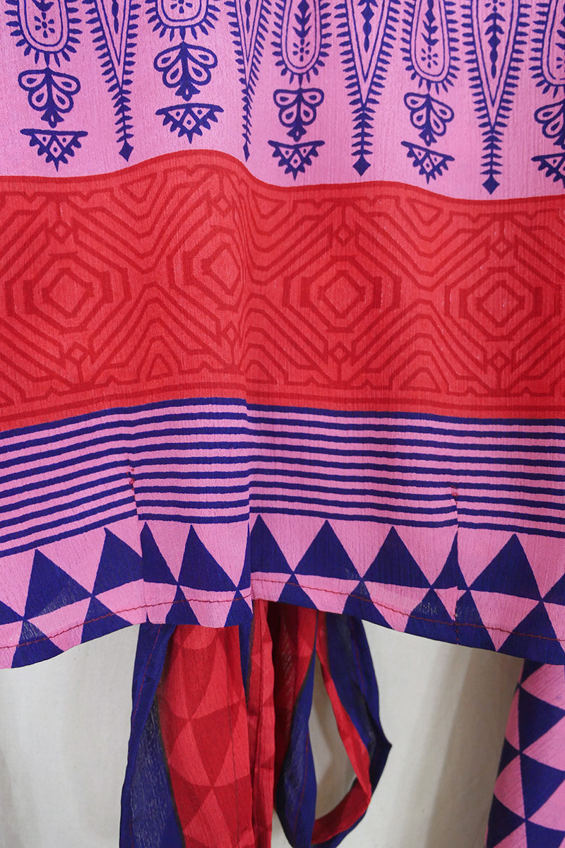 Gemini Wrap Top - Candy Pink & Navy Paisley - Vintage Sari - Size XS by all about audrey