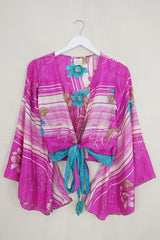 Gemini Wrap Top - Blossom Pink & Turquoise Floral - Vintage Sari - Size XS by all about audrey
