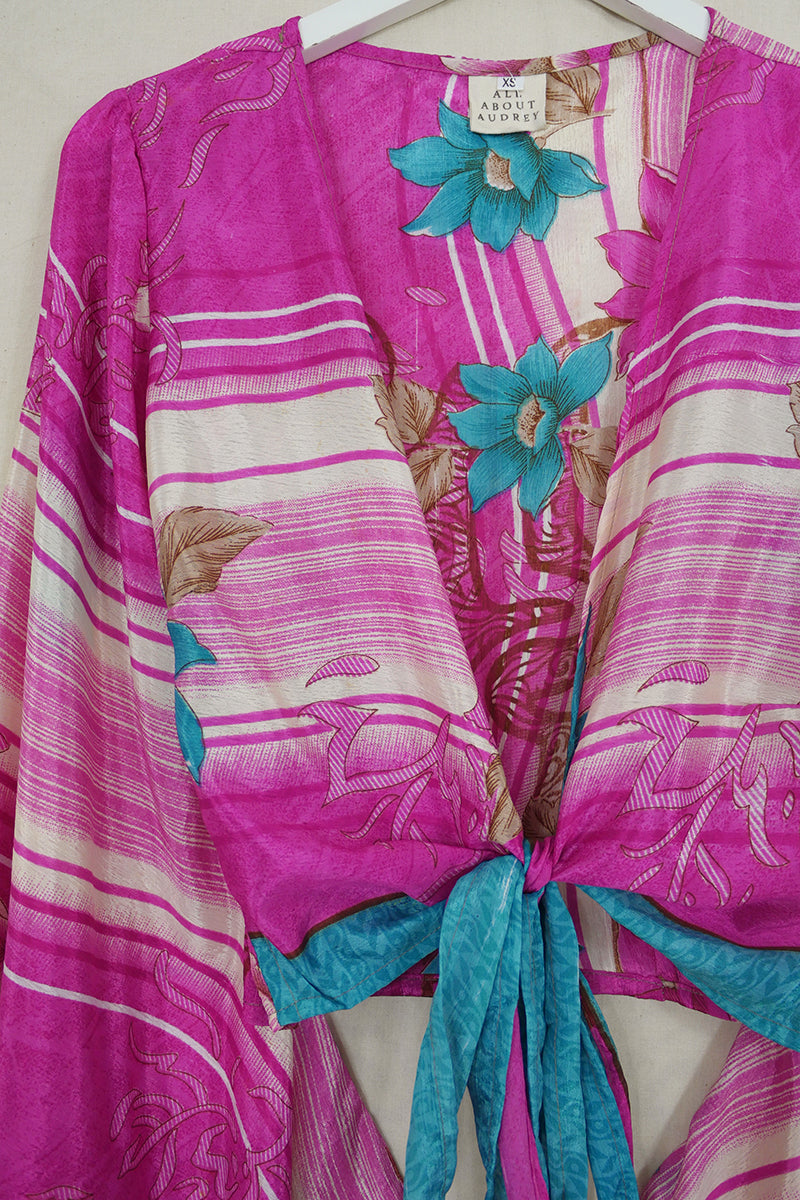 Gemini Wrap Top - Blossom Pink & Turquoise Floral - Vintage Sari - Size XS by all about audrey