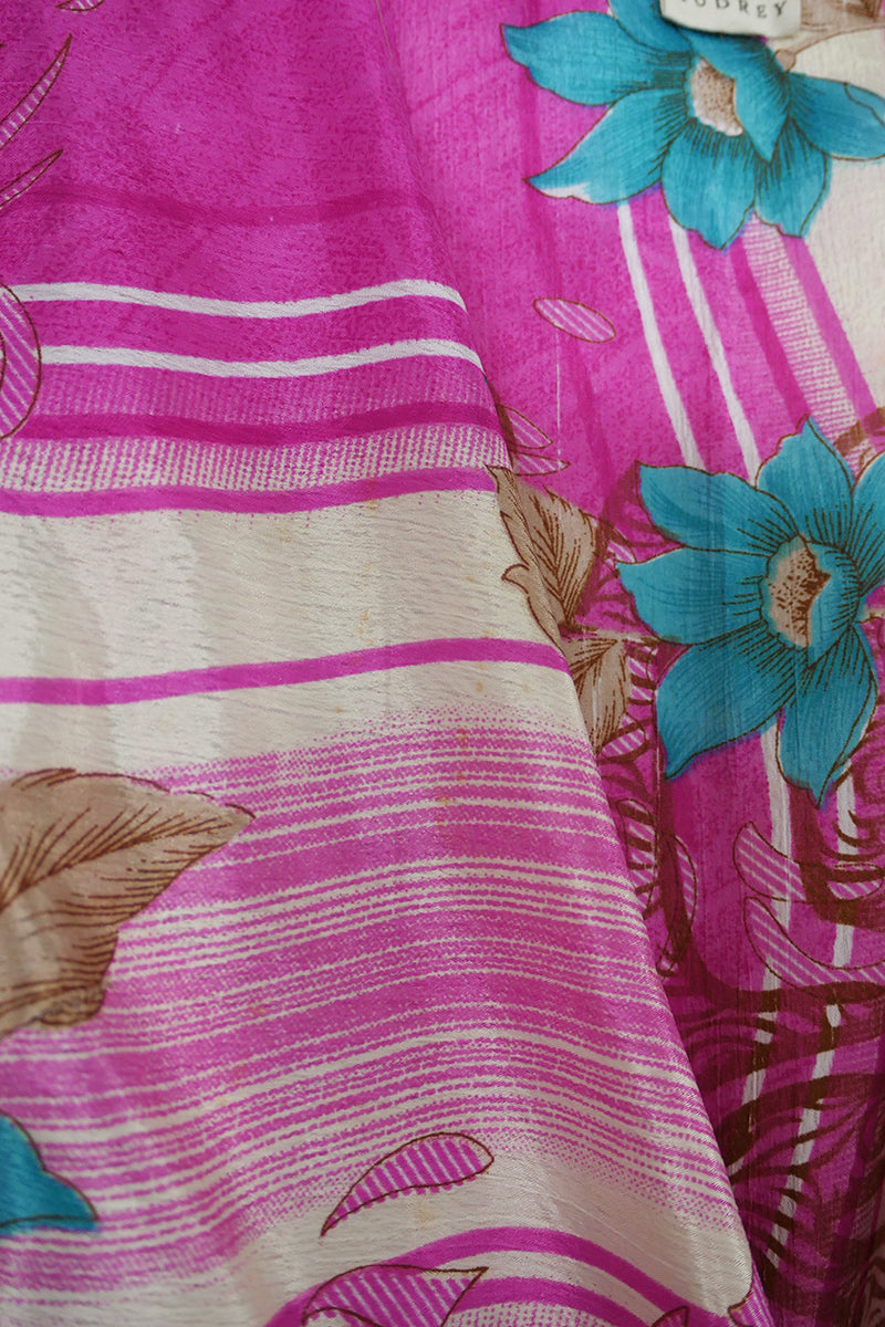 Gemini Wrap Top - Blossom Pink & Turquoise Floral - Vintage Sari - Size XS by all about audrey