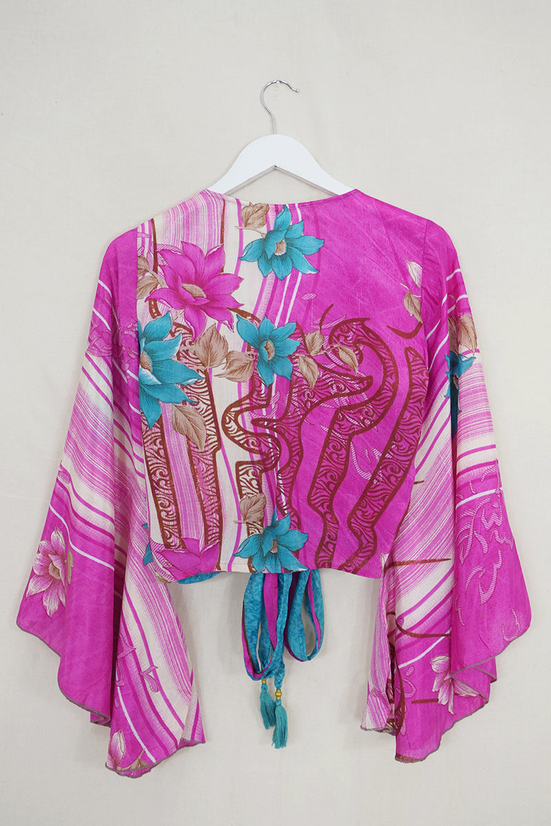Gemini Wrap Top - Blossom Pink & Turquoise Floral - Vintage Sari - Size XS by all about audrey