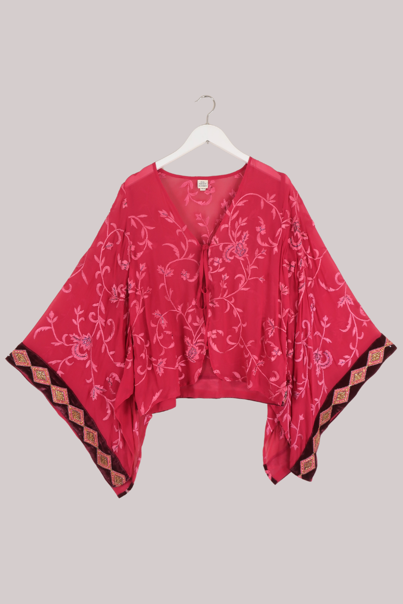 Cassidy Vintage Sheer Beaded Sari Blouse in Shimmering Raspberry Pink