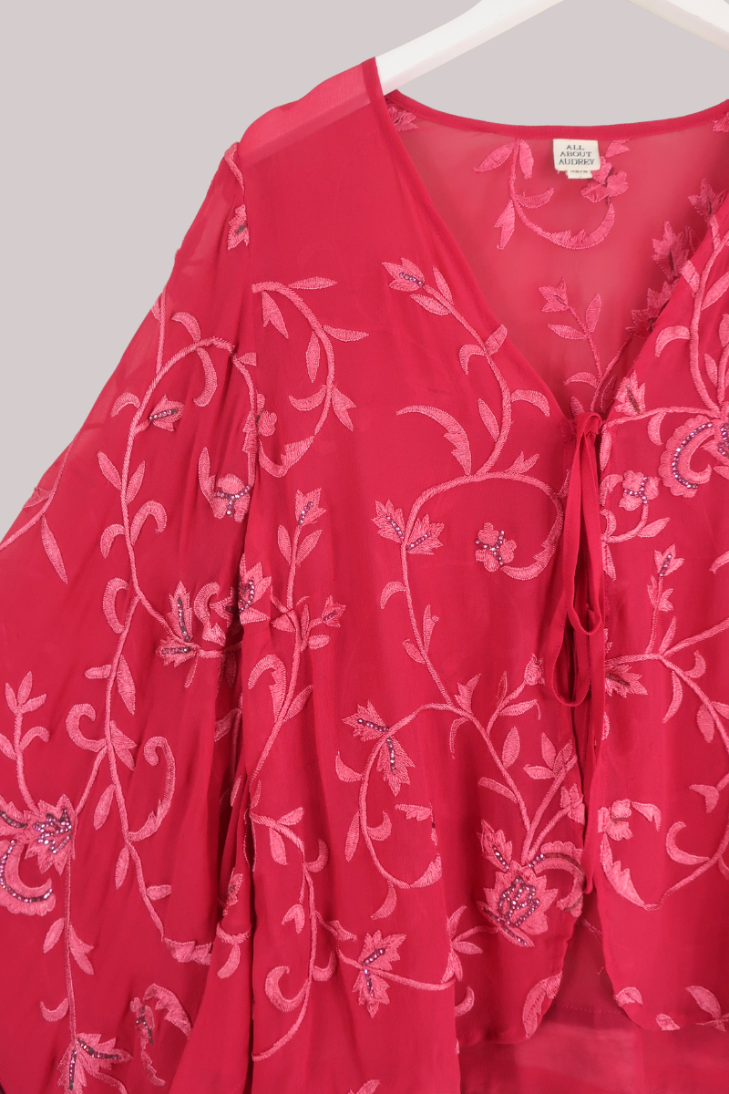 Cassidy Vintage Sheer Beaded Sari Blouse in Shimmering Raspberry Pink