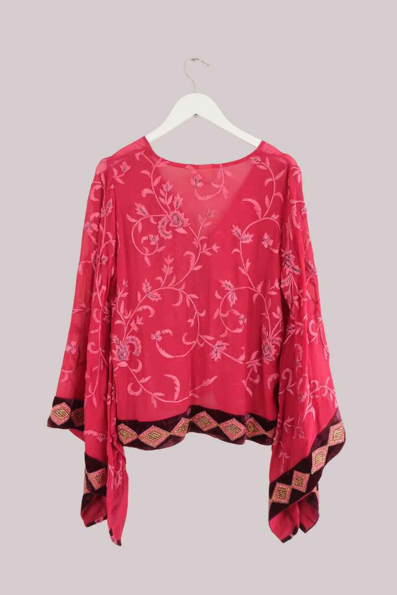 Cassidy Vintage Sheer Beaded Sari Blouse in Shimmering Raspberry Pink