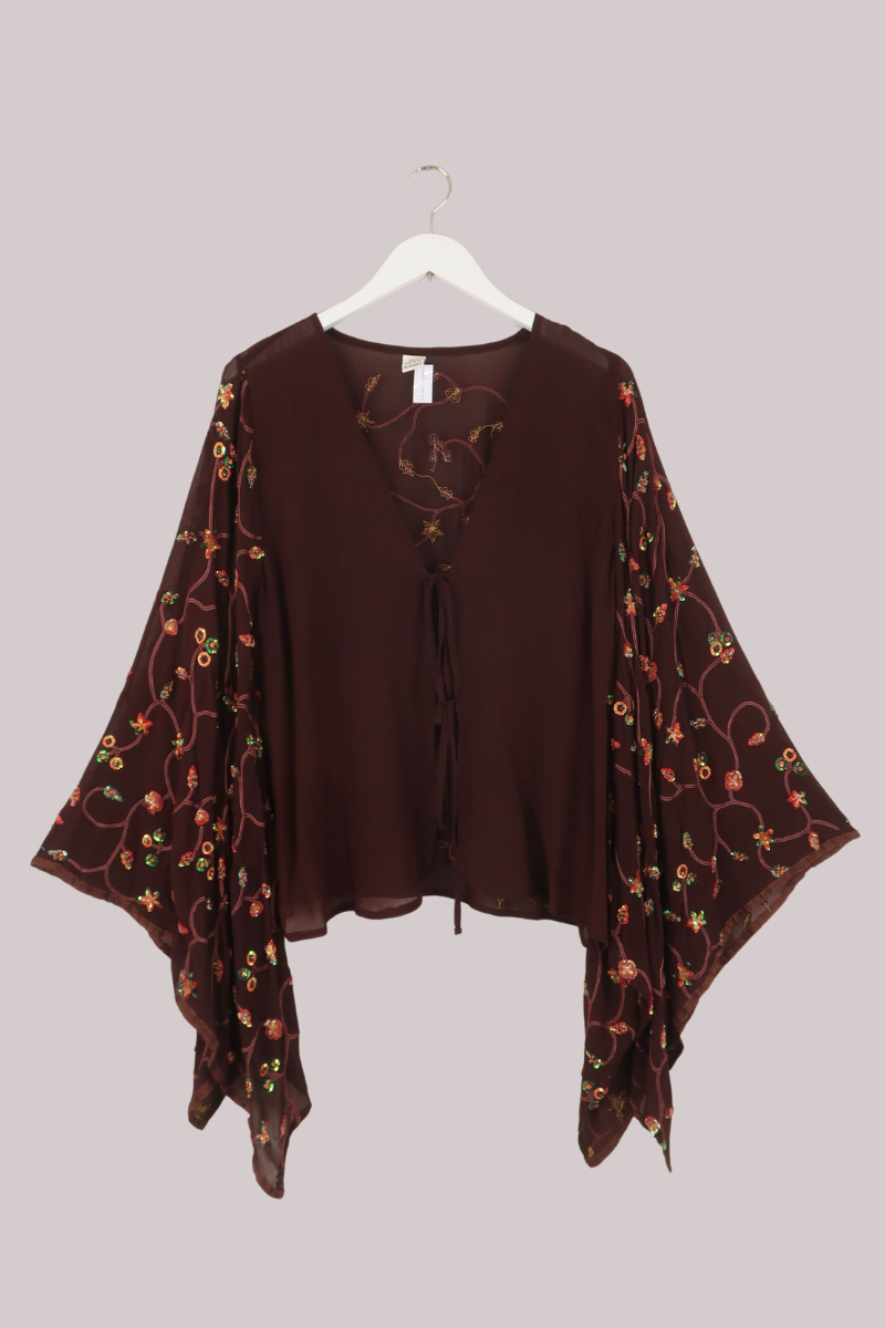 Cassidy Vintage Sheer Beaded Sari Blouse in Acorn Brown Vines