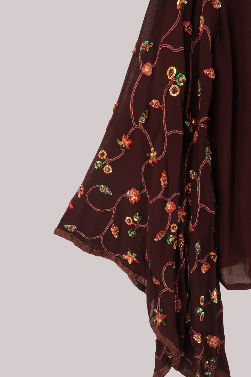 Cassidy Vintage Sheer Beaded Sari Blouse in Acorn Brown Vines