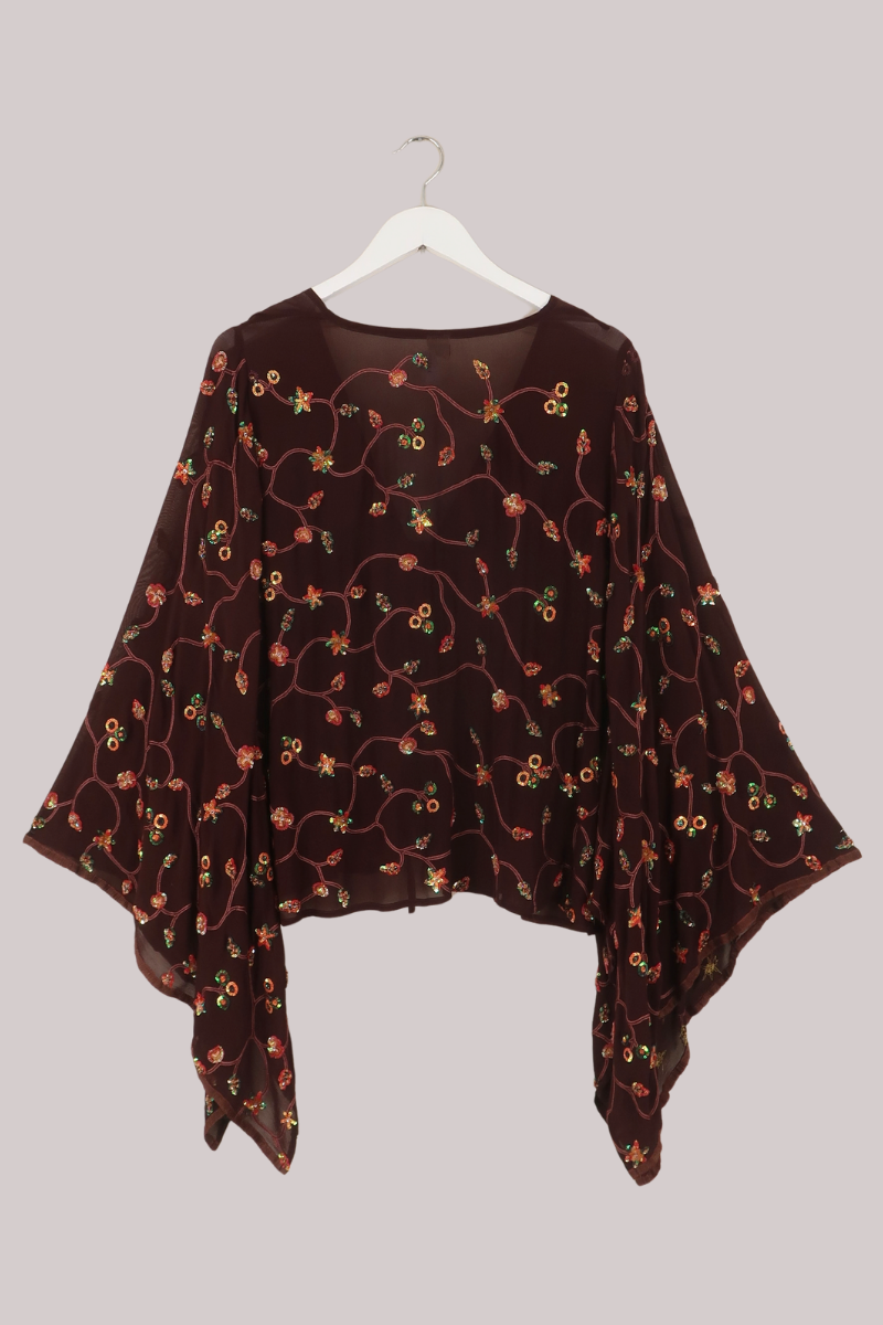 Cassidy Vintage Sheer Beaded Sari Blouse in Acorn Brown Vines