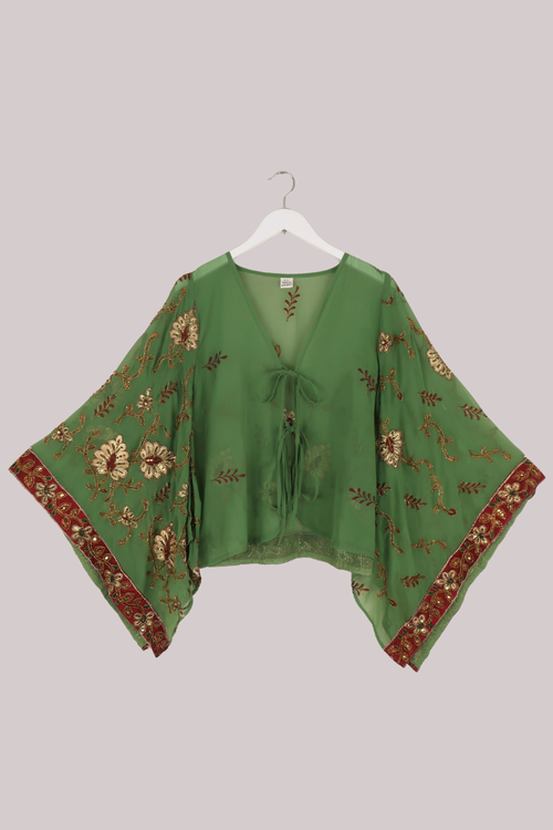 Cassidy Vintage Sheer Beaded Sari Blouse in Autumnal Olive Tapestry