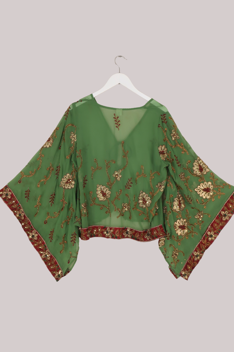 Cassidy Vintage Sheer Beaded Sari Blouse in Autumnal Olive Tapestry