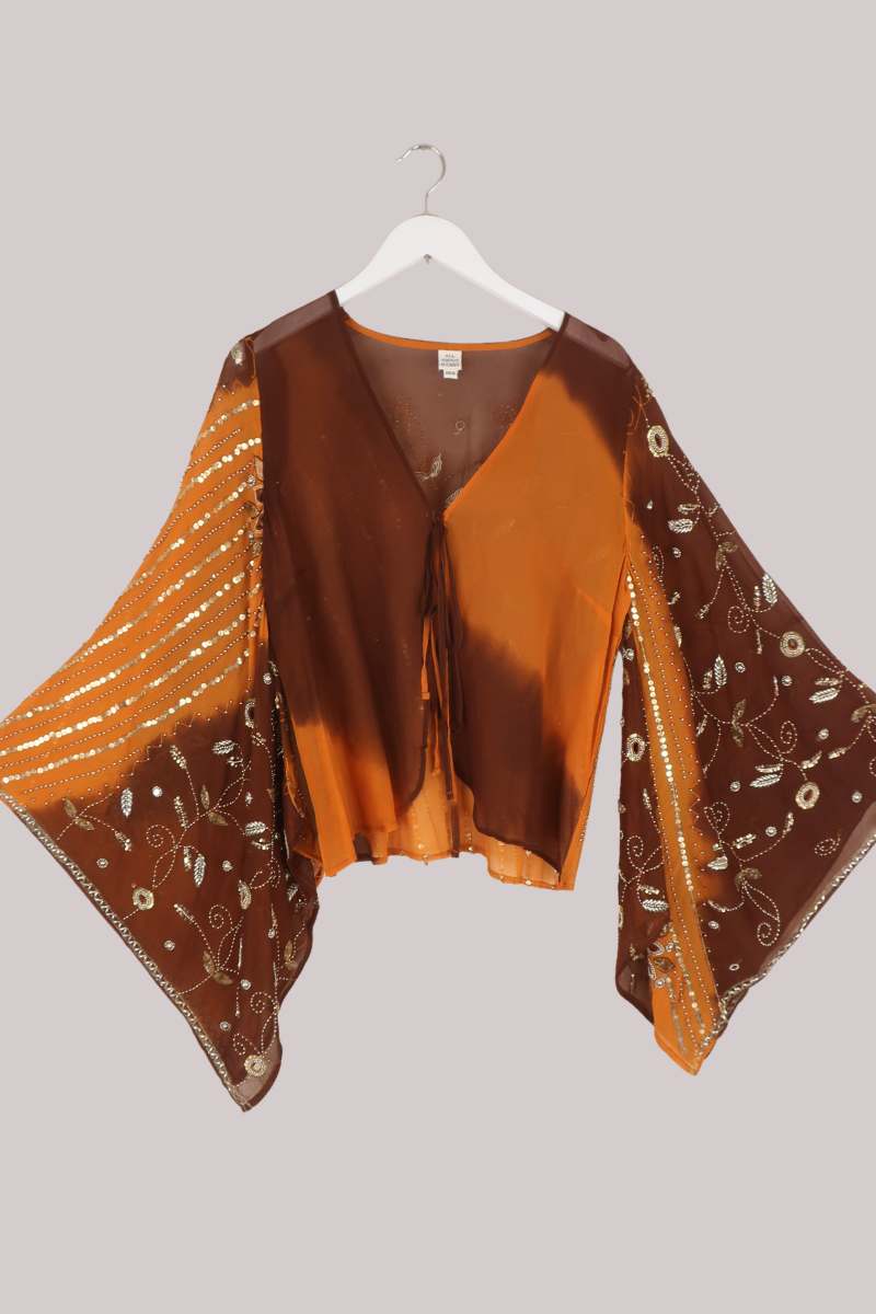 Cassidy Vintage Sheer Beaded Sari Blouse in Cappuccino Brown Vines