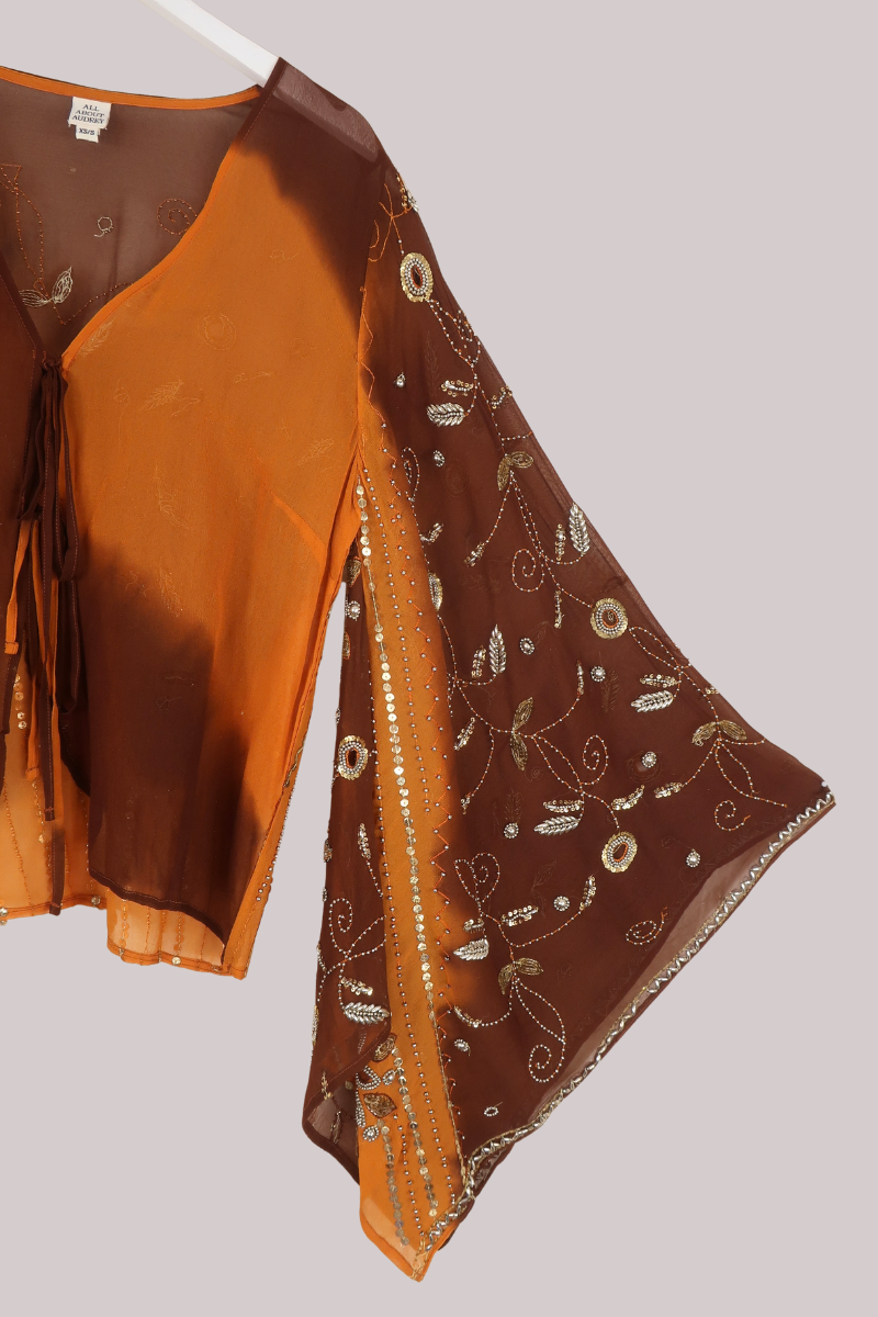 Cassidy Vintage Sheer Beaded Sari Blouse in Cappuccino Brown Vines
