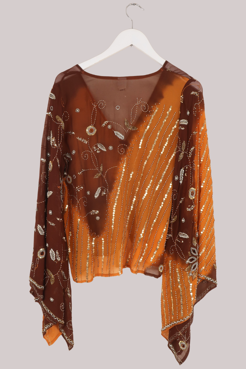 Cassidy Vintage Sheer Beaded Sari Blouse in Cappuccino Brown Vines