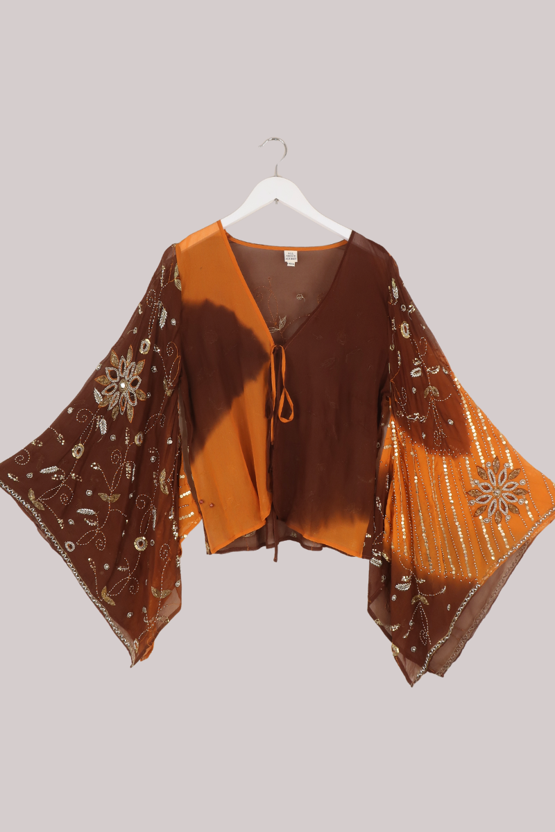 Cassidy Vintage Sheer Beaded Sari Blouse in Caramel Brown Florals
