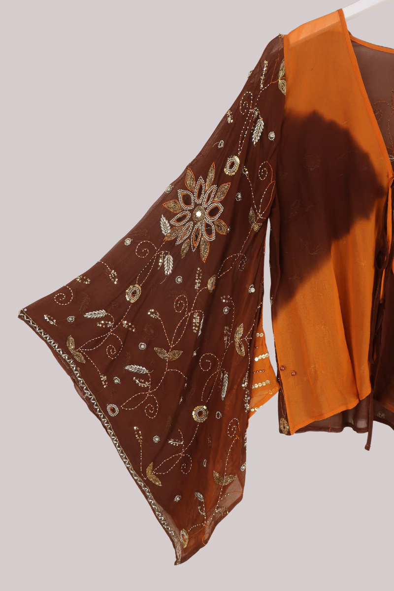 Cassidy Vintage Sheer Beaded Sari Blouse in Caramel Brown Florals
