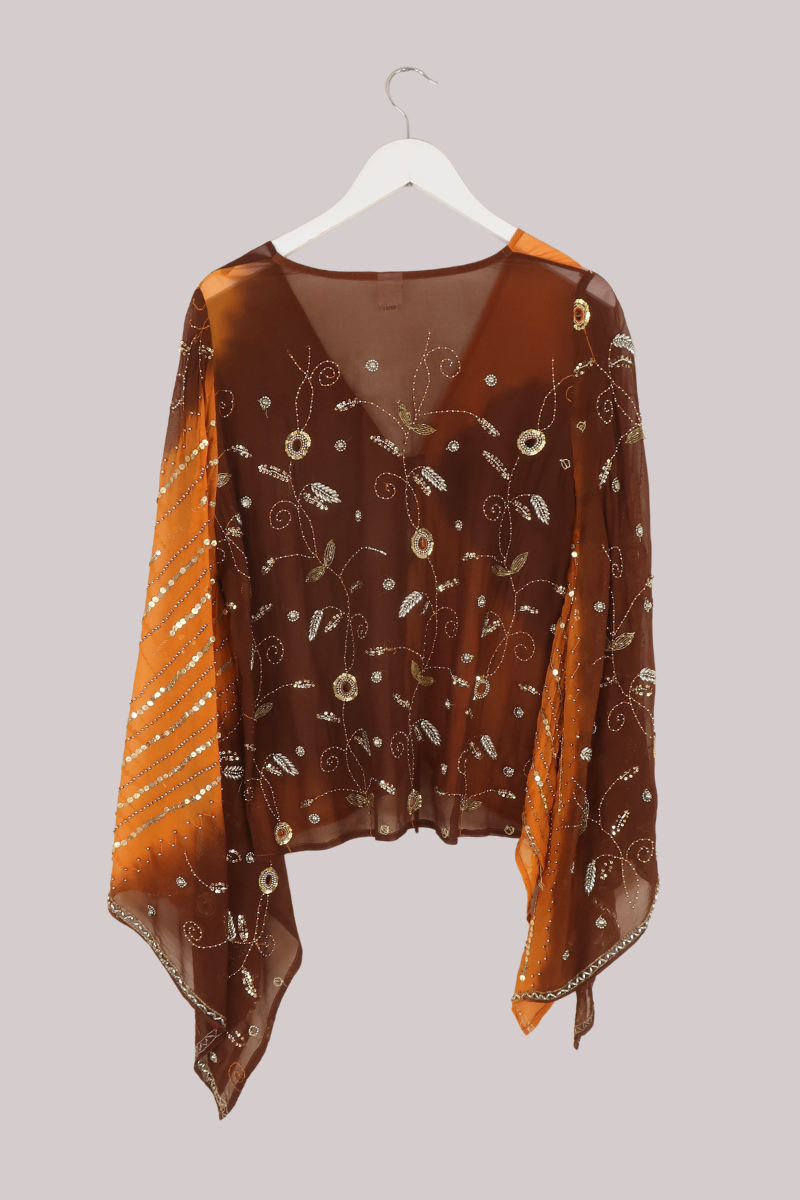 Cassidy Vintage Sheer Beaded Sari Blouse in Caramel Brown Florals