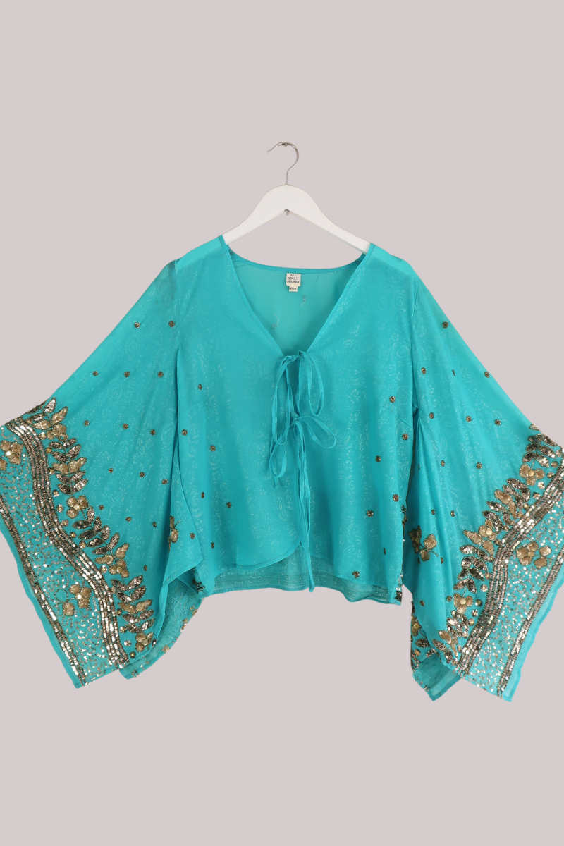 Cassidy Vintage Sheer Beaded Sari Blouse in Caribbean Blue