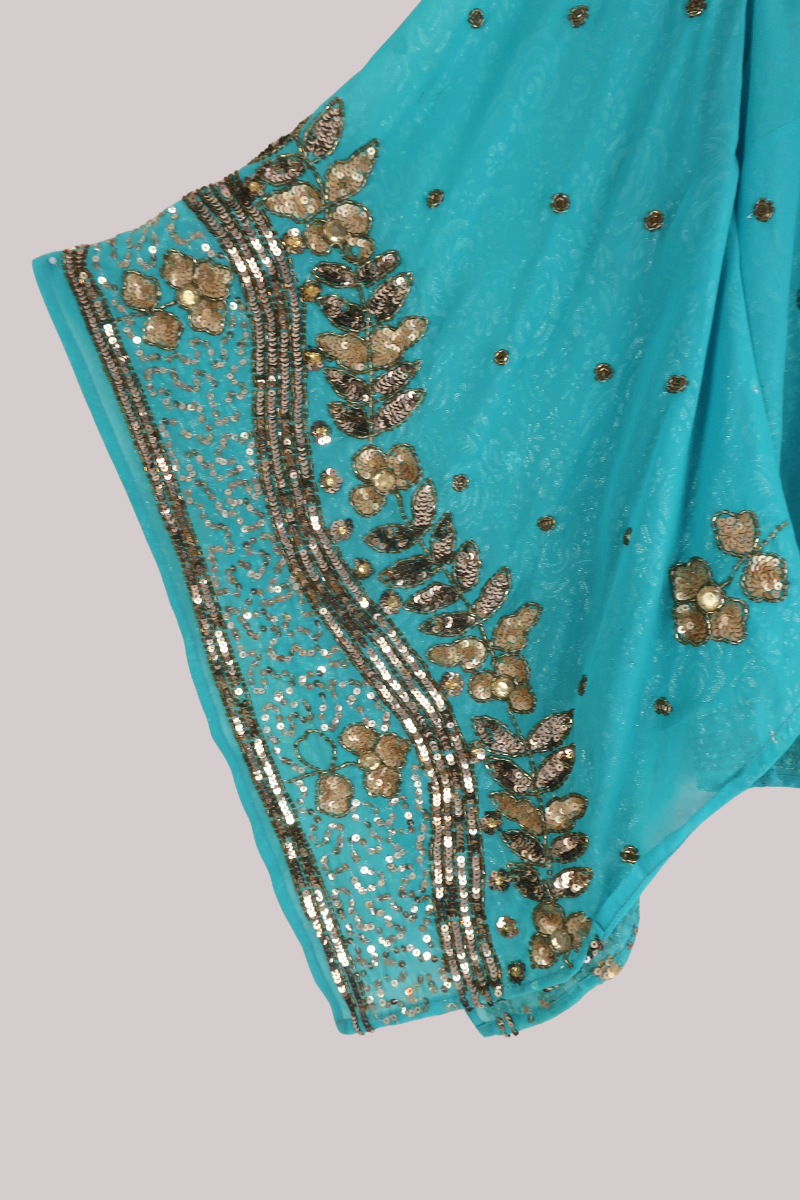 Cassidy Vintage Sheer Beaded Sari Blouse in Caribbean Blue