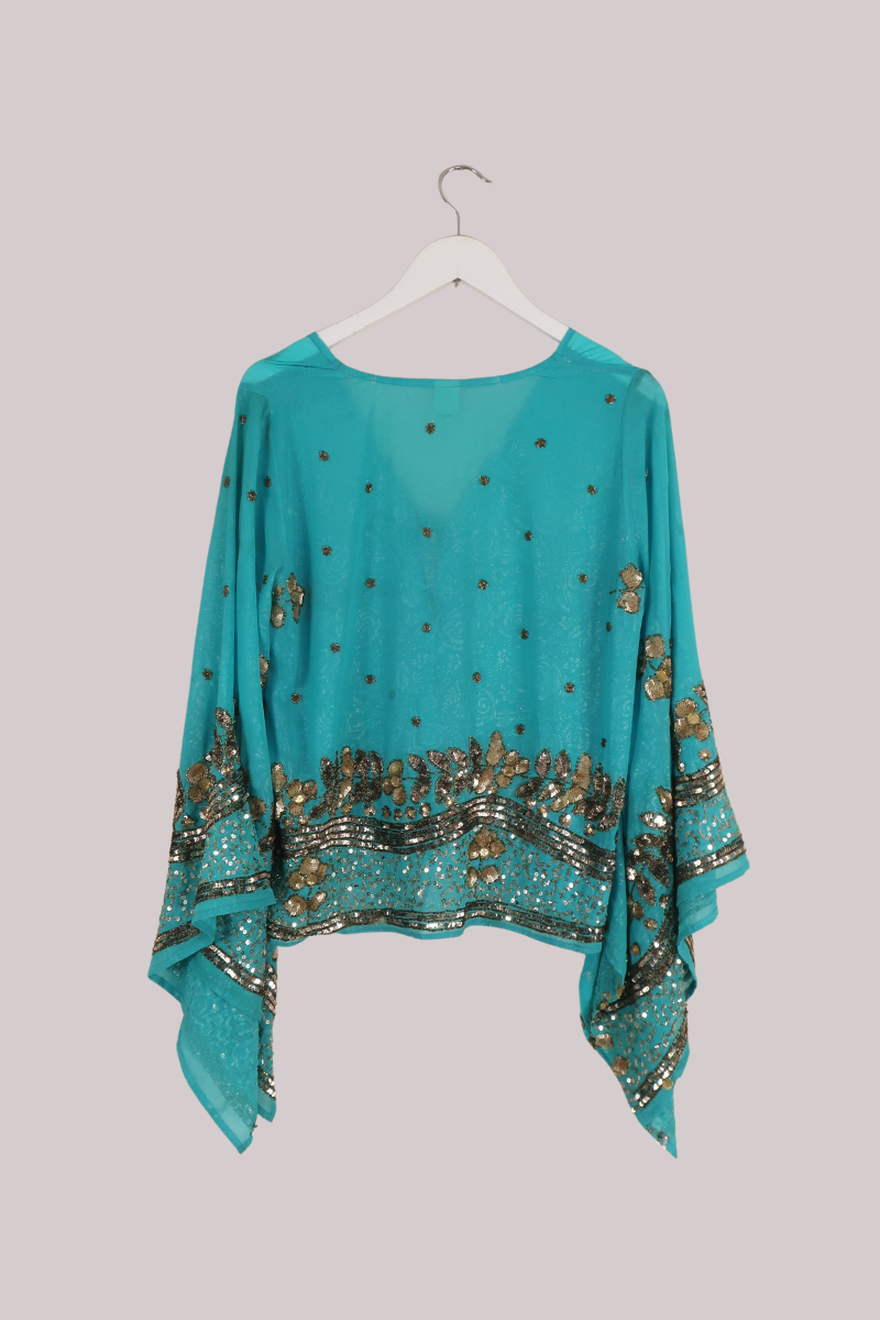 Cassidy Vintage Sheer Beaded Sari Blouse in Caribbean Blue