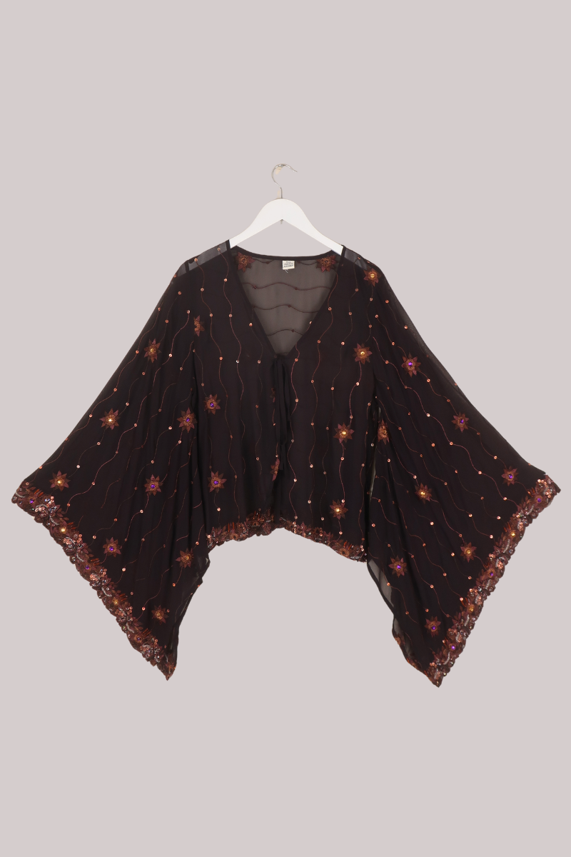 Cassidy Vintage Sheer Beaded Sari Blouse in Chestnut Brown