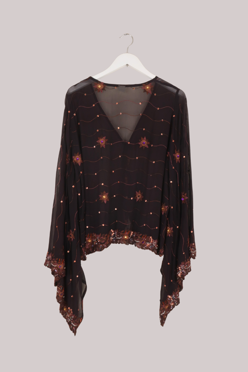 Cassidy Vintage Sheer Beaded Sari Blouse in Chestnut Brown
