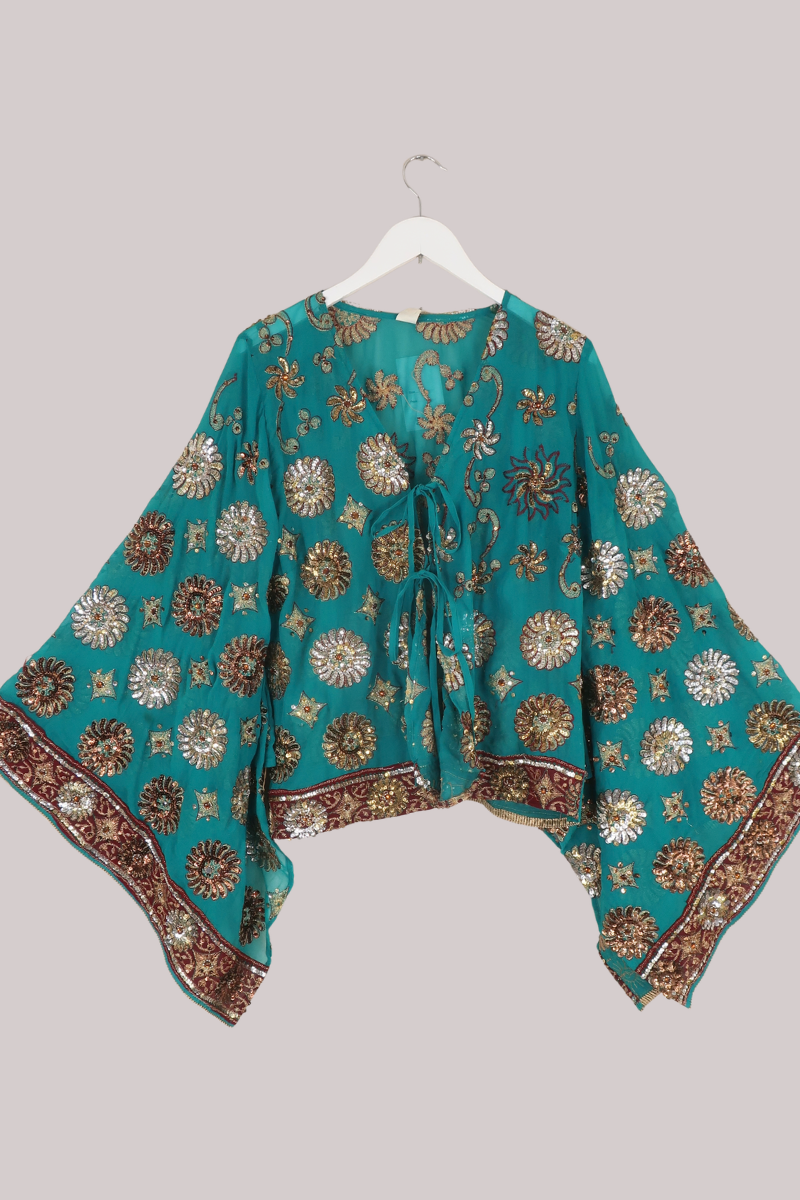 Cassidy Vintage Sheer Beaded Sari Blouse in Crystal Lake Blue