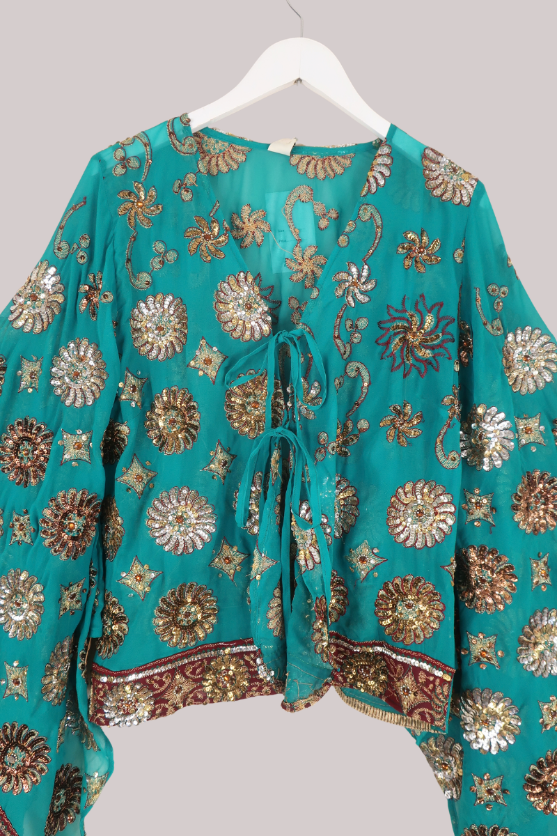 Cassidy Vintage Sheer Beaded Sari Blouse in Crystal Lake Blue