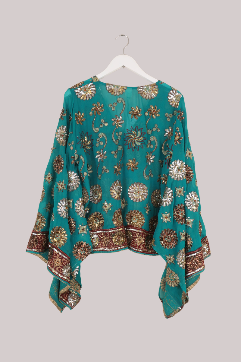 Cassidy Vintage Sheer Beaded Sari Blouse in Crystal Lake Blue