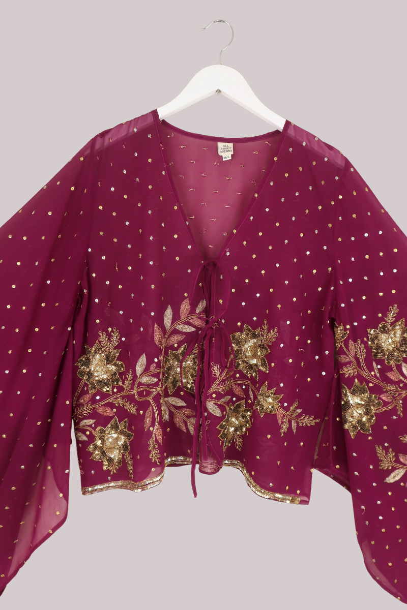 Cassidy Vintage Sheer Beaded Sari Blouse in Deep Orchid Pink