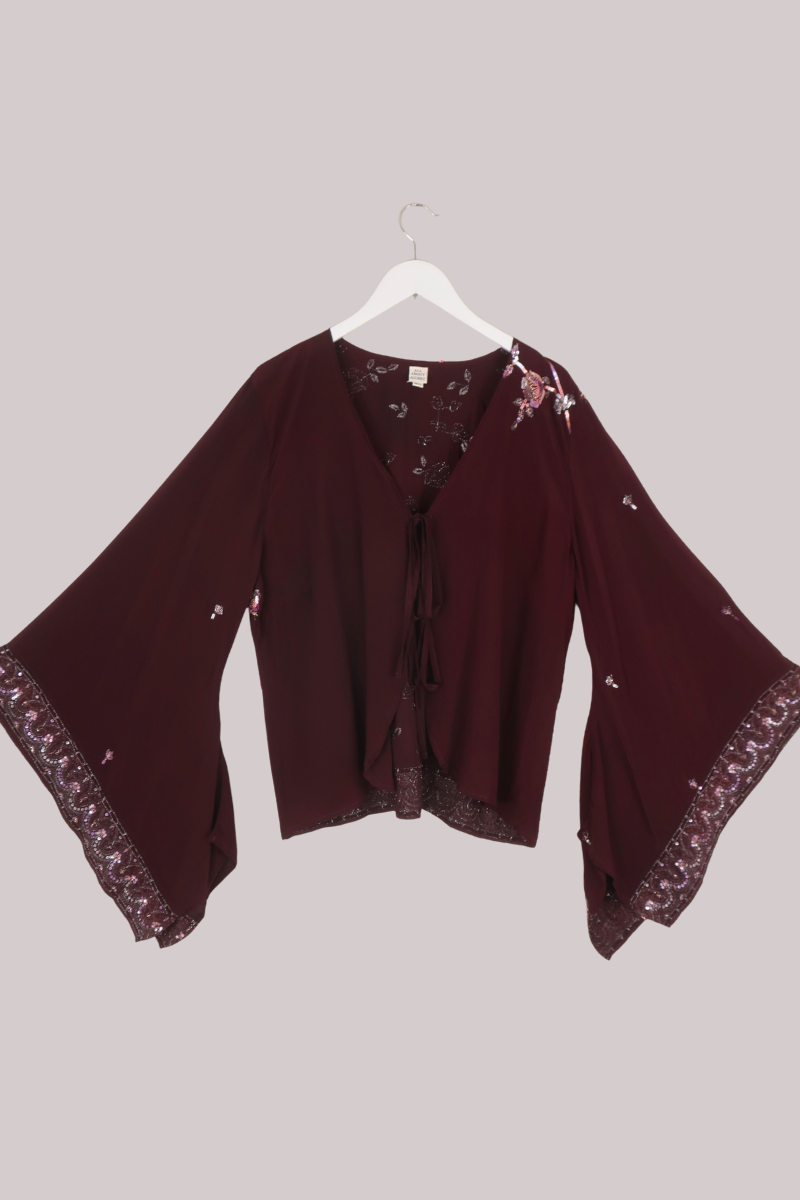 Cassidy Vintage Sheer Beaded Sari Blouse in Deep Plum Wine
