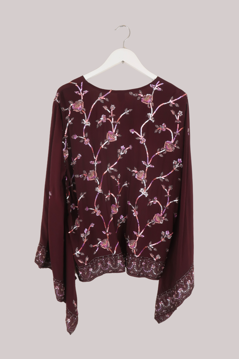 Cassidy Vintage Sheer Beaded Sari Blouse in Deep Plum Wine