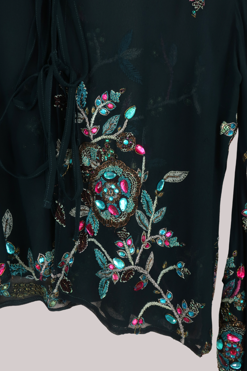 Cassidy Vintage Sheer Beaded Sari Blouse in Deep Sea Green