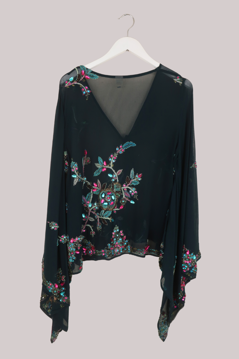 Cassidy Vintage Sheer Beaded Sari Blouse in Deep Sea Green