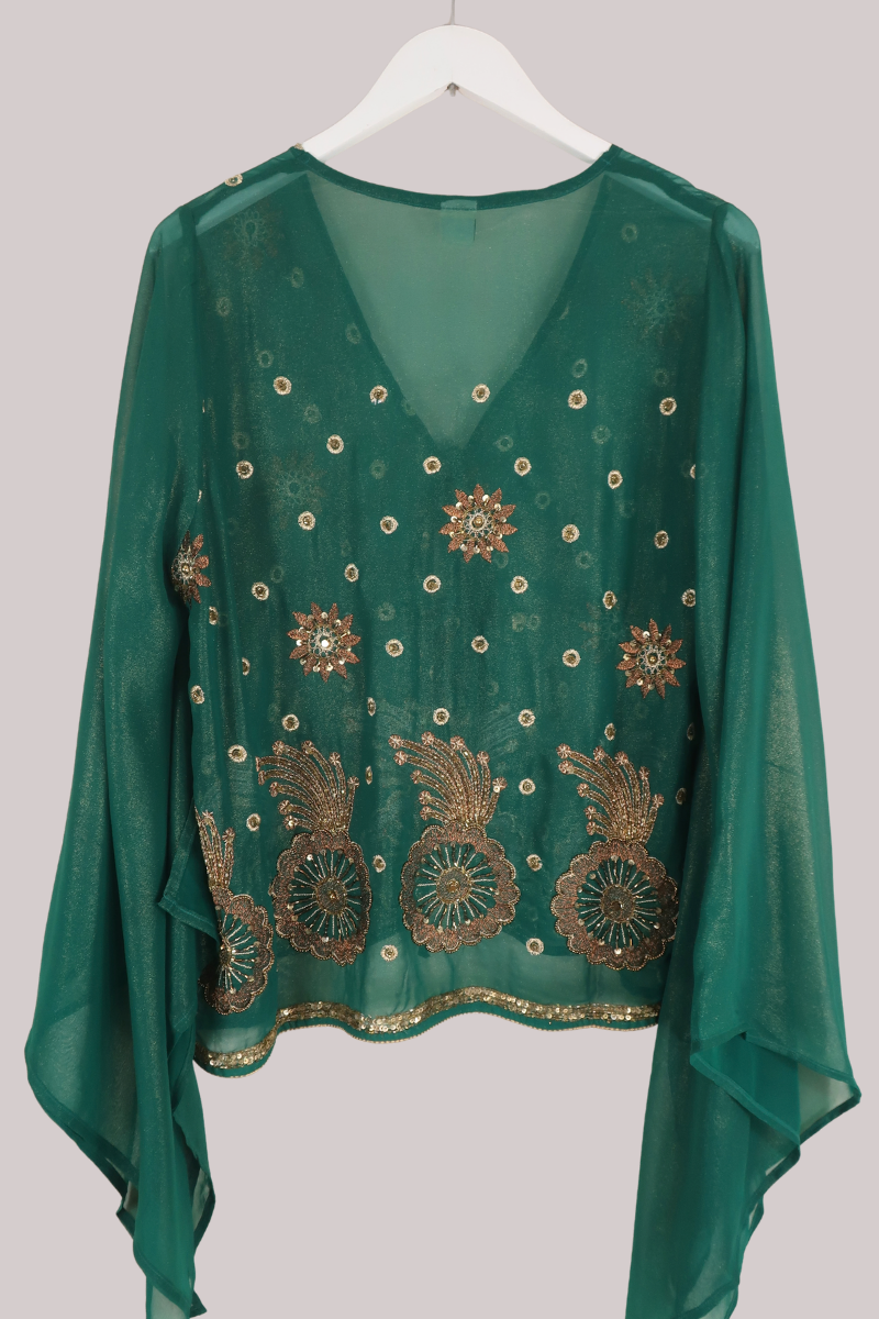 Cassidy Vintage Sheer Beaded Sari Blouse in Electric Emerald