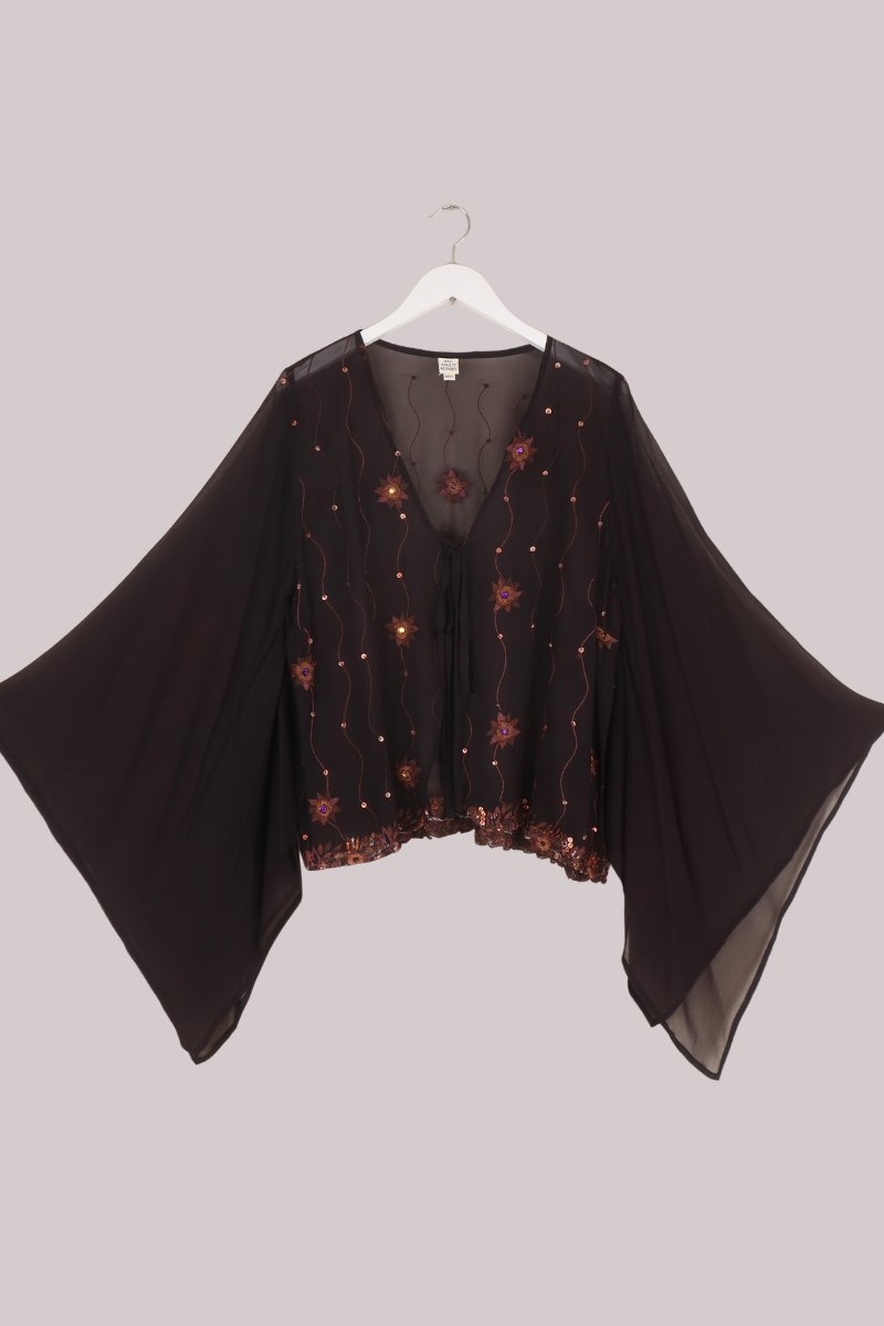Cassidy Vintage Sheer Beaded Sari Blouse in Ember Brown Florals