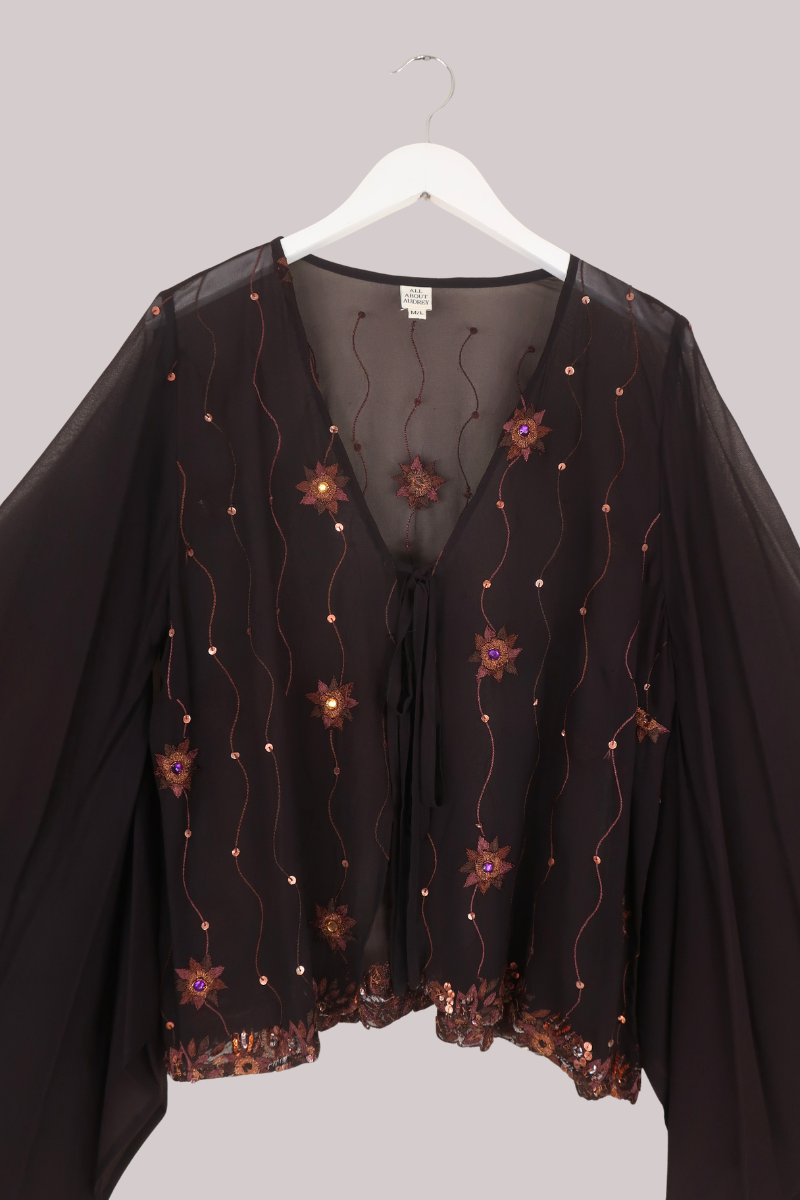 Cassidy Vintage Sheer Beaded Sari Blouse in Ember Brown Florals