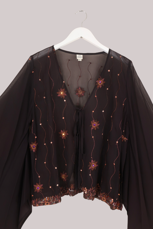 Cassidy Vintage Sheer Beaded Sari Blouse in Ember Brown Florals