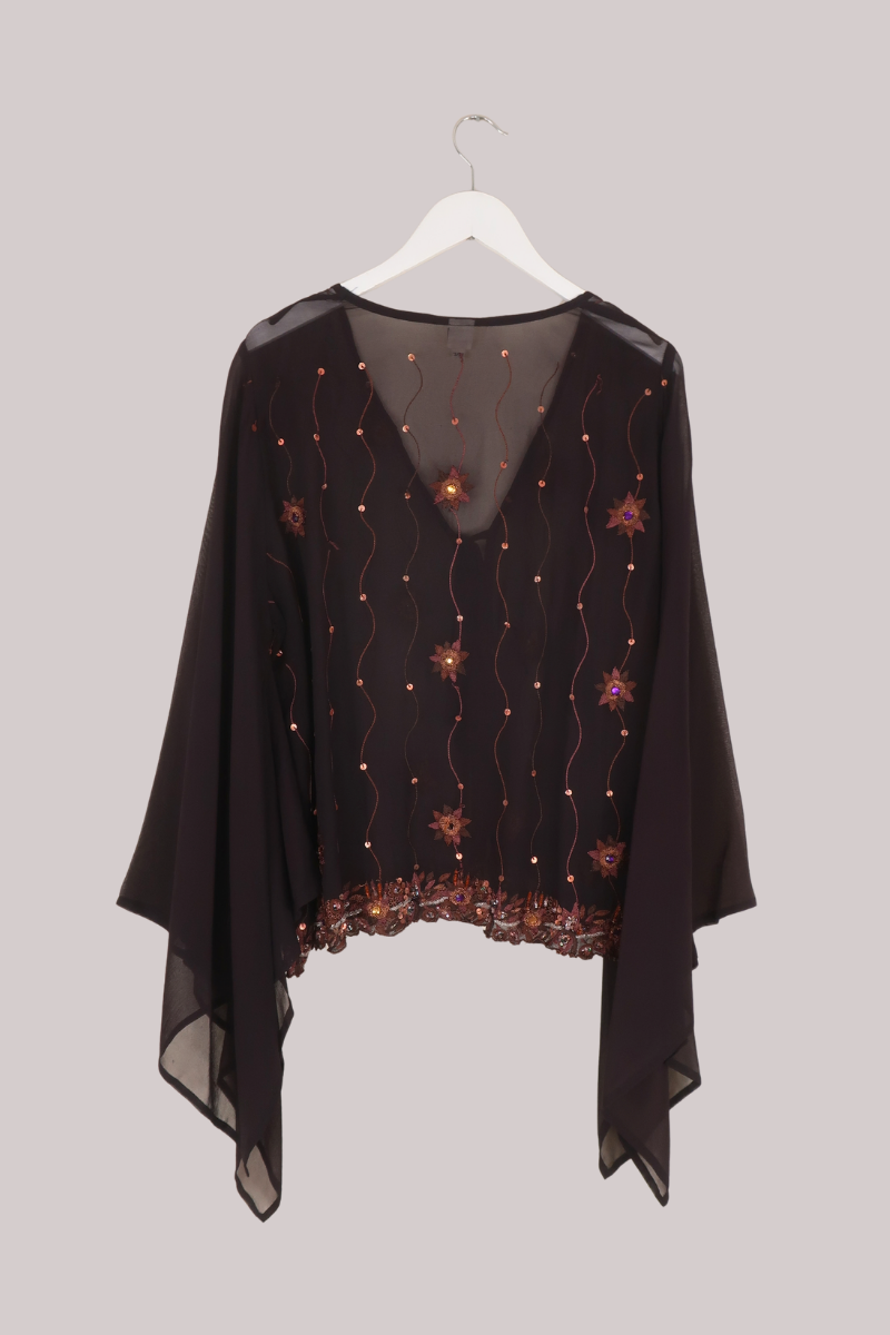 Cassidy Vintage Sheer Beaded Sari Blouse in Ember Brown Florals