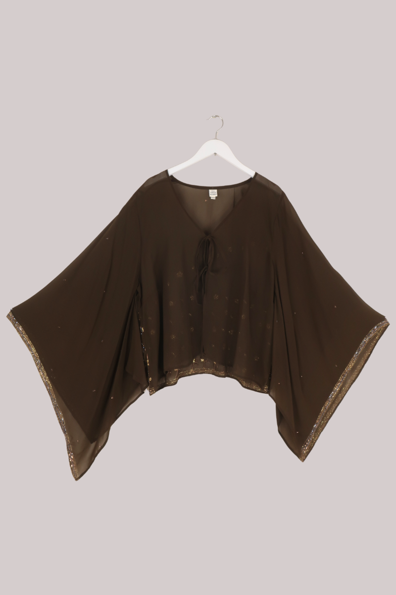 Cassidy Vintage Sheer Beaded Sari Blouse in Espresso & Gold