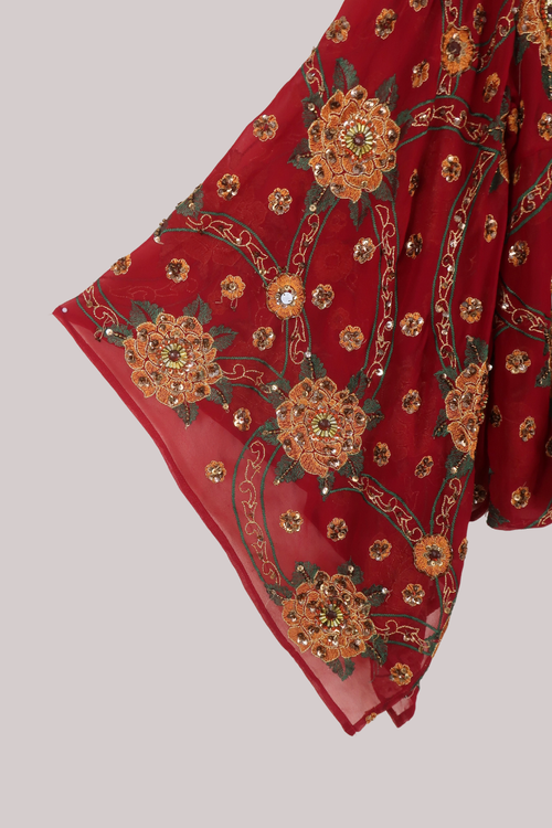 Cassidy Vintage Sheer Beaded Sari Blouse in Garnet Red Florals