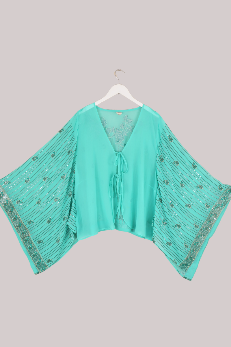 Cassidy Vintage Sheer Beaded Sari Blouse in Glimmering Turquoise