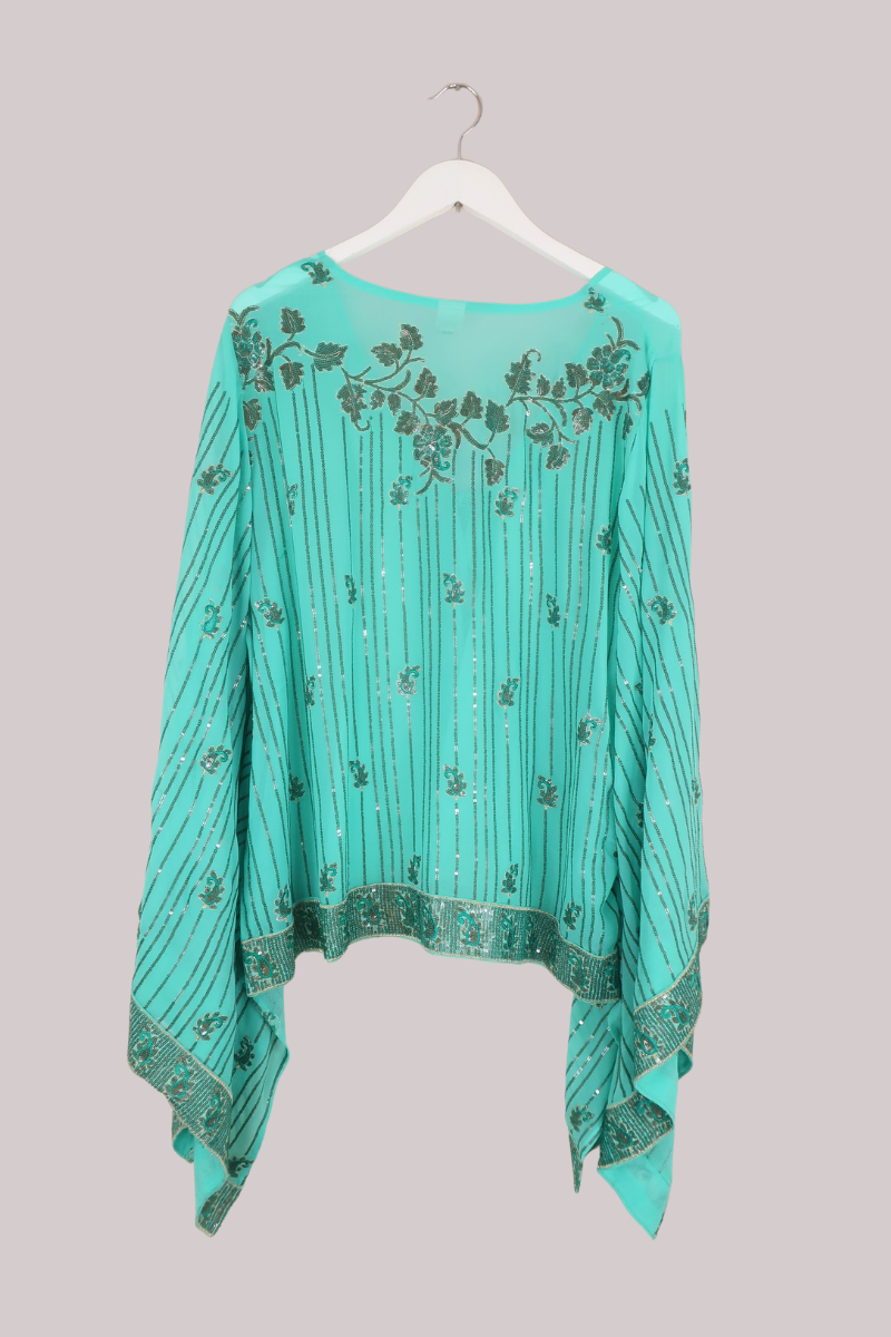 Cassidy Vintage Sheer Beaded Sari Blouse in Glimmering Turquoise
