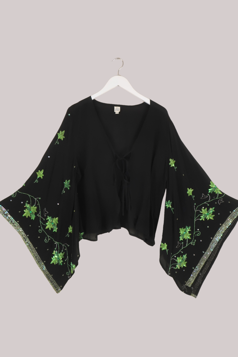 Cassidy Vintage Sheer Beaded Sari Blouse in Ivy At Night