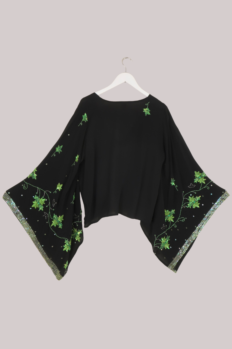 Cassidy Vintage Sheer Beaded Sari Blouse in Ivy At Night