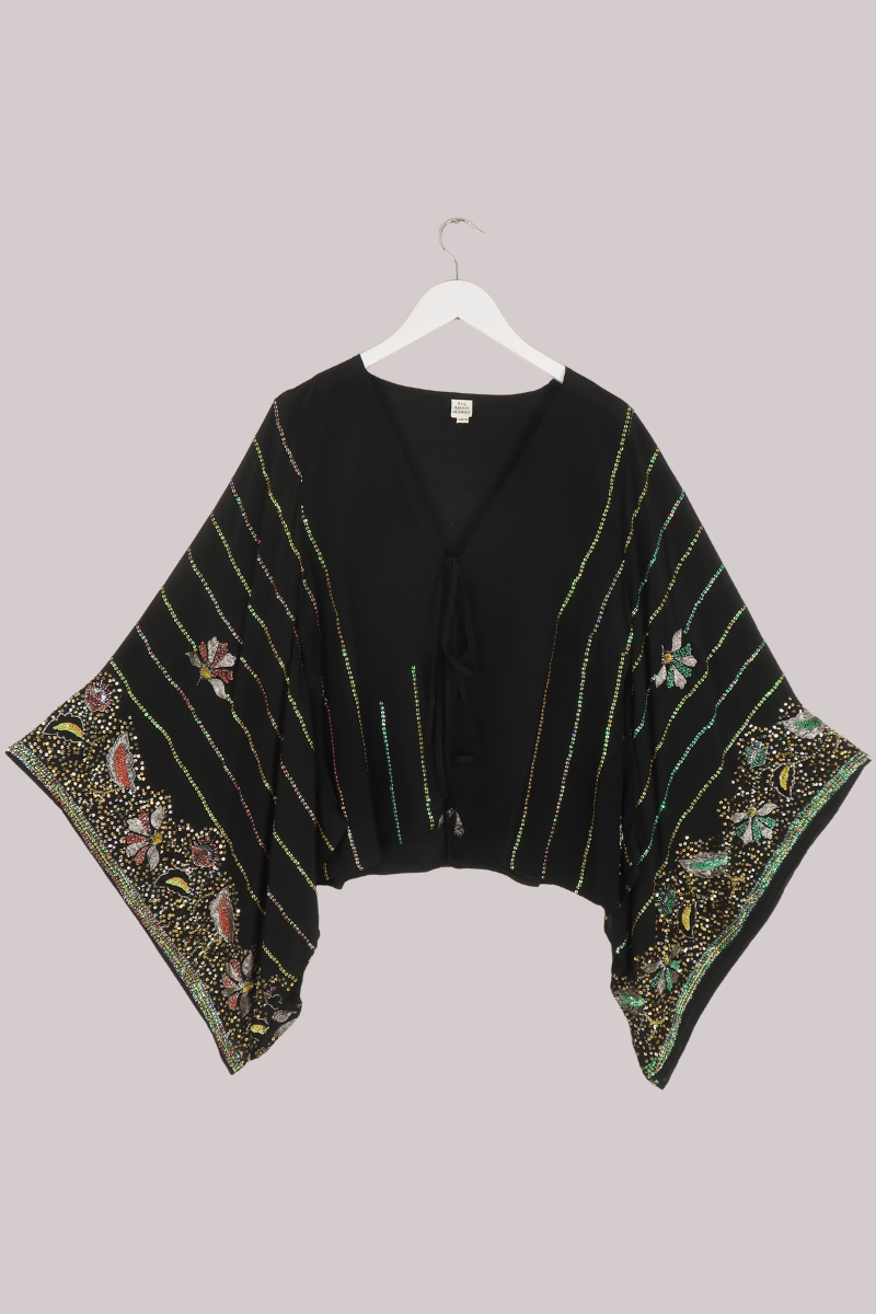 Cassidy Vintage Sheer Beaded Sari Blouse in Jewelled Onyx Night