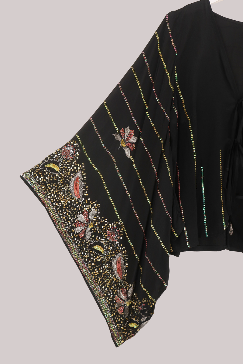Cassidy Vintage Sheer Beaded Sari Blouse in Jewelled Onyx Night