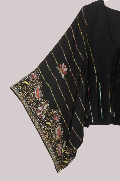 Cassidy Vintage Sheer Beaded Sari Blouse in Jewelled Onyx Night