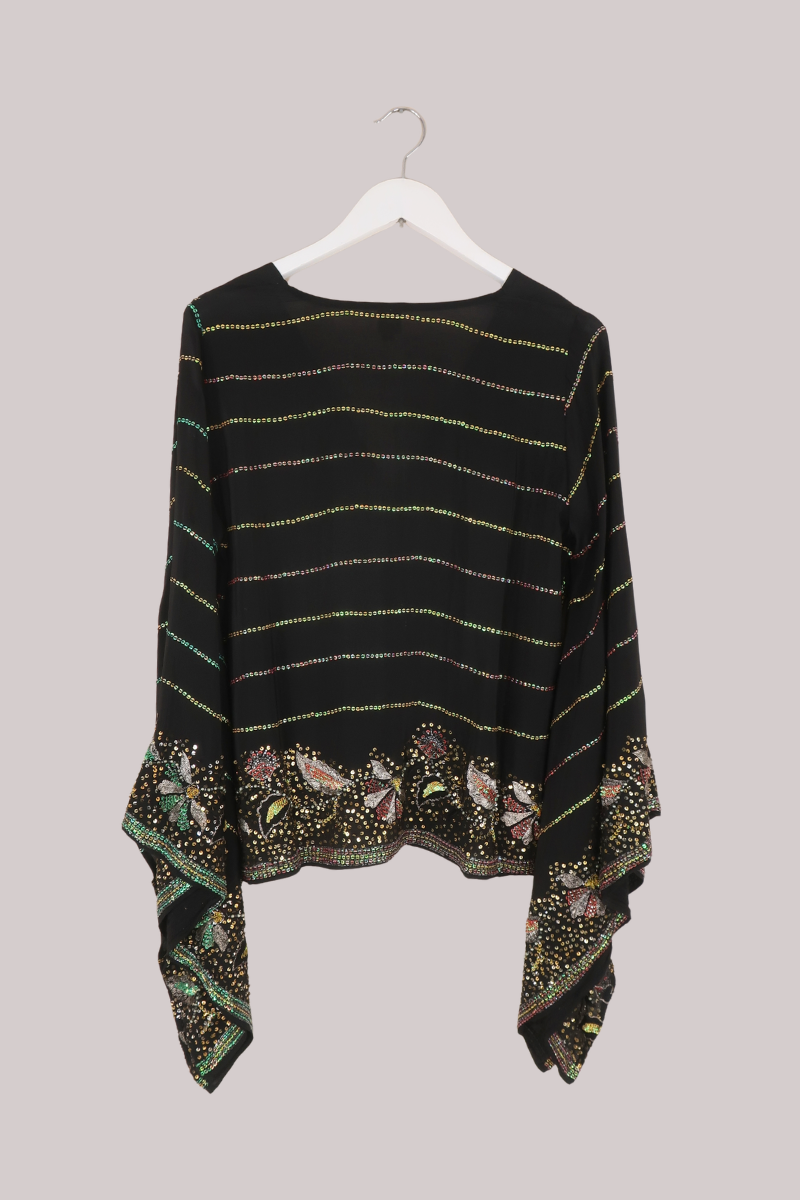 Cassidy Vintage Sheer Beaded Sari Blouse in Jewelled Onyx Night