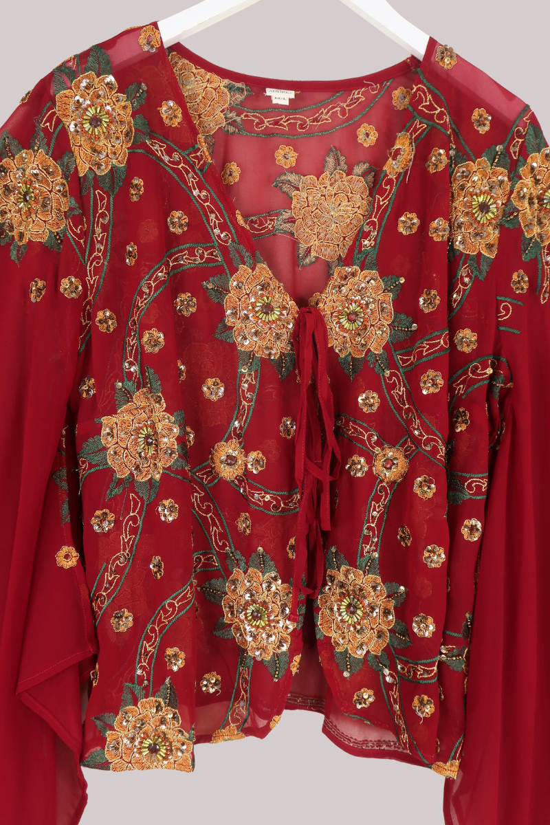 Cassidy Vintage Sheer Beaded Sari Blouse in Jewelled Scarlet Wildflowers