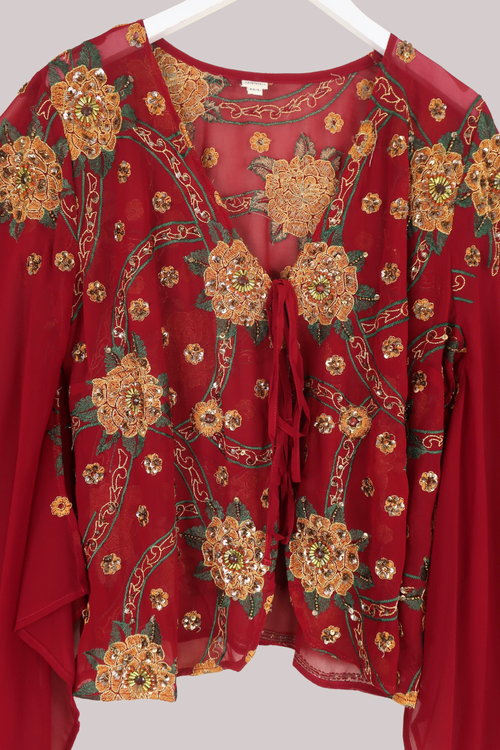 Cassidy Vintage Sheer Beaded Sari Blouse in Jewelled Scarlet Wildflowers
