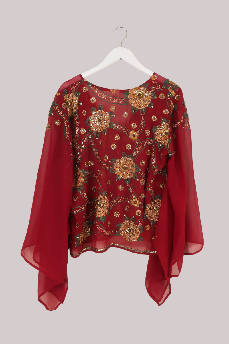 Cassidy Vintage Sheer Beaded Sari Blouse in Jewelled Scarlet Wildflowers